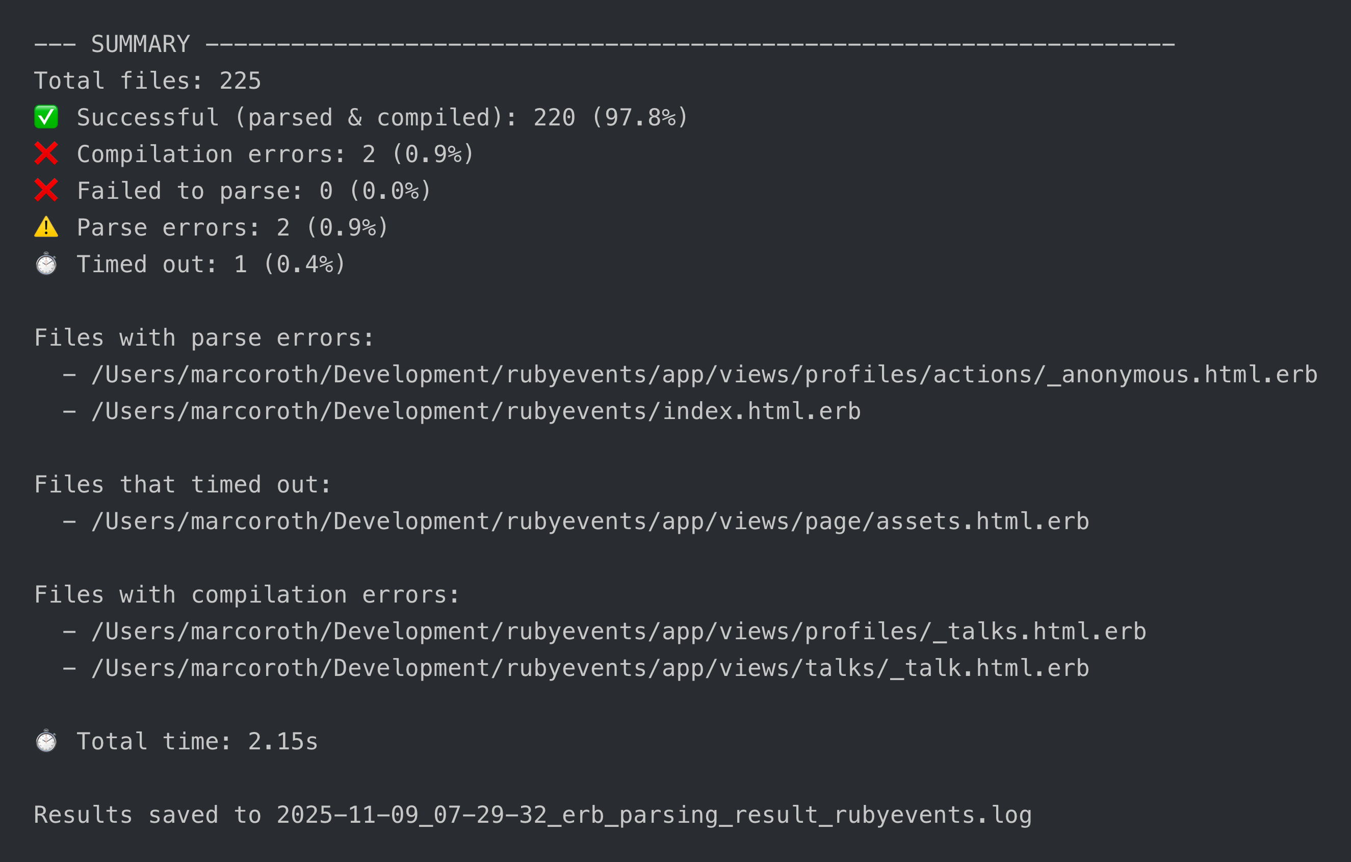 Output from herb analyze command showing template analysis results